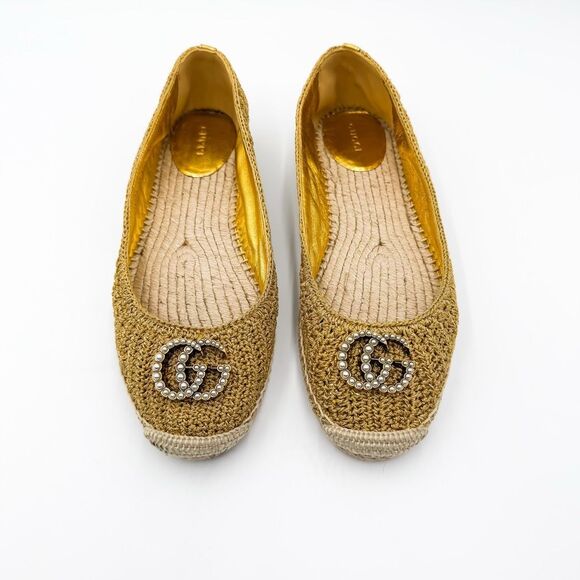 Gucci Lilibeth GG Pearl Crochet Espadrille Flats Metallic Gold EU 40 US 10 - Picture 3 of 10